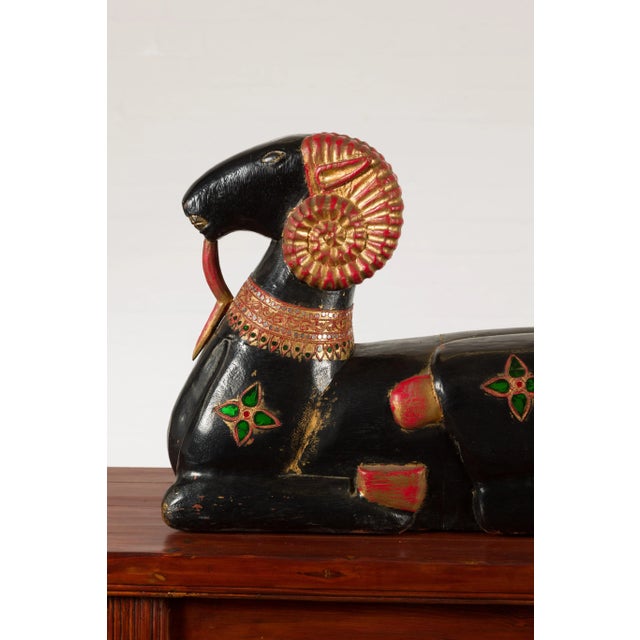 Vintage Northern Thai Double Ram Painted Sculpture with Gilt and Jewelry Motifs For Sale - Image 4 of 13
