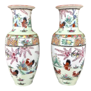 A Pair of Vintage Asian Vases Hand-Painted With Roosters and Florals in Hong Kong