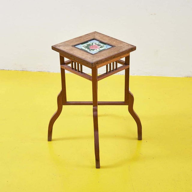 Wood Antique Coffee Table with Decorated Tile For Sale - Image 7 of 7