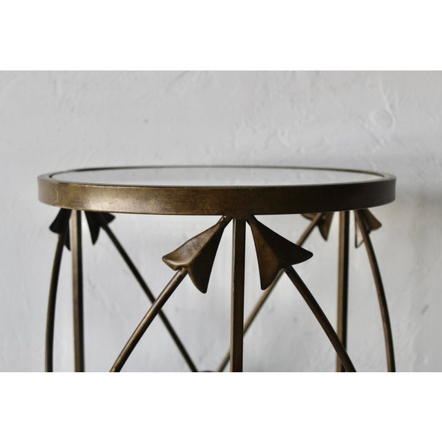 1980s Vintage French Empire Style Arrows Target Brushed Patina Bronze Finish Metal Glass Side Drinks Table For Sale - Image 9 of 12
