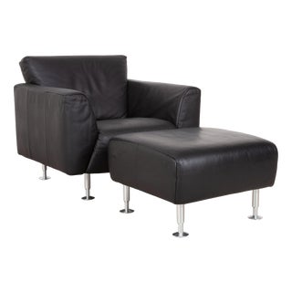 Set of Lounge Chair and Ottoman in Black Leather from Rolf Benz For Sale