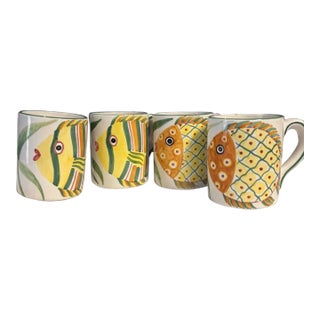 Vintage Palmer Smith Italian Pesca Hand Painted Fish Coffee Cup Mugs, Set of 4 For Sale