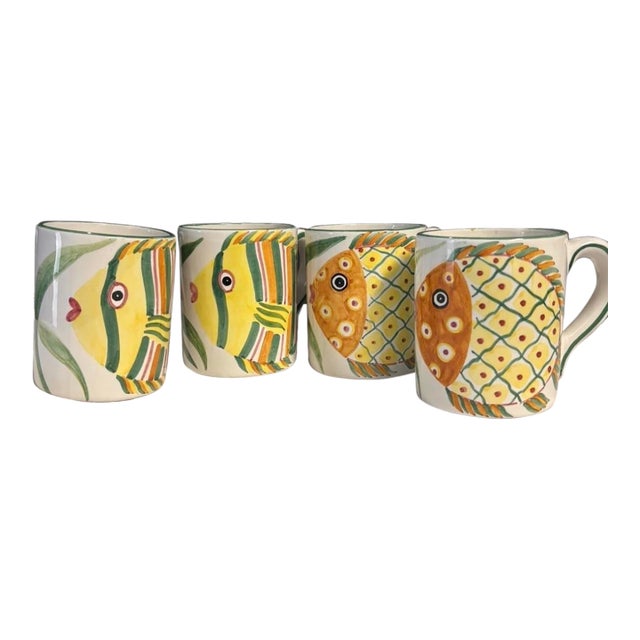 Vintage Palmer Smith Italian Pesca Hand Painted Fish Coffee Cup Mugs, Set of 4 For Sale
