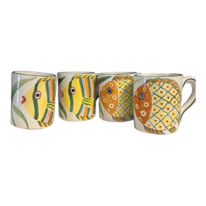 Vintage Palmer Smith Italian Pesca Hand Painted Fish Coffee Cup Mugs, Set of 4