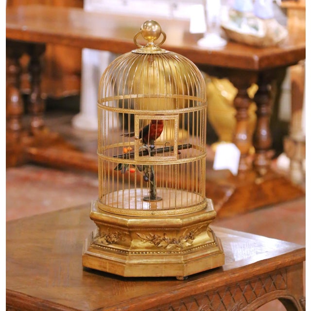 French 19th Century French Gilt Bronze Singing Bird Automaton on Carved Giltwood Base For Sale - Image 3 of 11