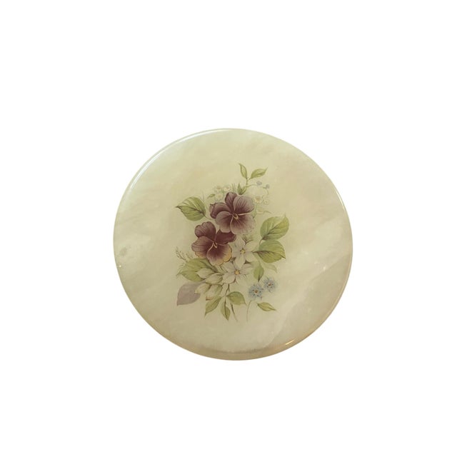 Beautiful vintage midcentury round hinged trinket box handcarved from Italian alabaster. Pale yellow with hand painted...