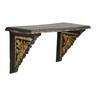 Mid 20th Century Boho Chic Middle Eastern Black and Gold Carved Wood Small Wall Hanging Shelf For Sale