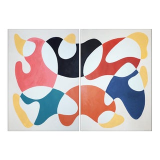 2026, Modern Painting Diptych of Mid Century Organic Shapes in Primary Tones, Acrylic Paint on Watercolor Paper For Sale