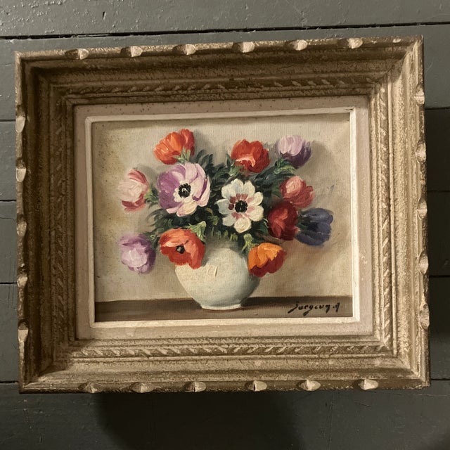 Wood 1950’s Paris Artist Floral Still Life Painting Original Frame Signed Surgeon For Sale - Image 7 of 7