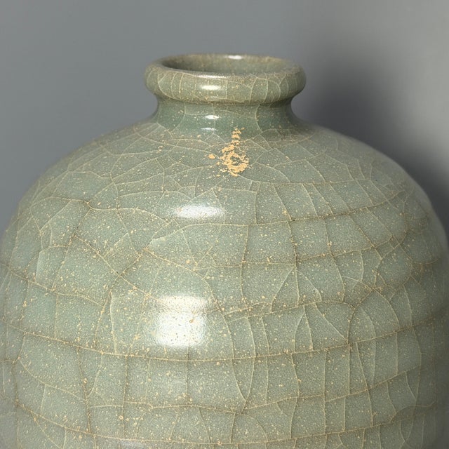 Chinese Antique Chinese Celadon Crackle‑Glaze Ribbed Meiping Vase, Collectible Antique For Sale - Image 3 of 9