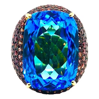 Bochic “Orient” Vintage London Blue Topaz & Orange Sapphire Ring, 18K Gold & Sil For Sale
