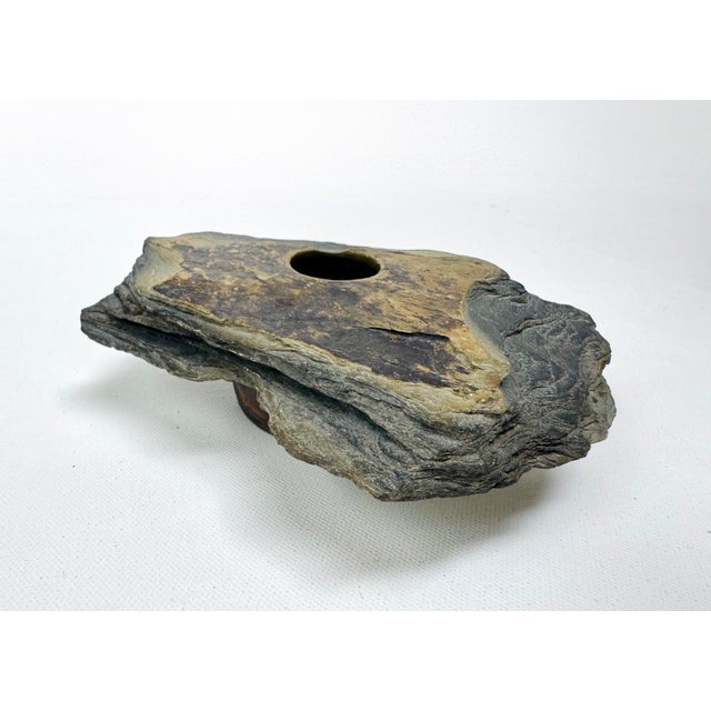 Contemporary Vintage Natural Slate Ikebana Vase With Metal Flower Frog For Sale - Image 3 of 10