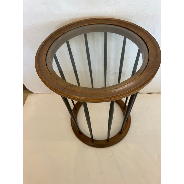Wood Round Midcentury Modern End Table With Glass Top and Ebonized Wood Spindles For Sale - Image 7 of 8