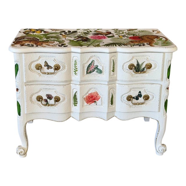 Vintage Baker Furniture Custom Painted Tropical Decoupage Appliqué Chest For Sale