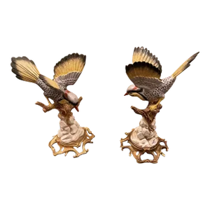 Vintage 1970s Hand Painted Porcelain Bird on a Branch With Gilded Metal Base - a Pair