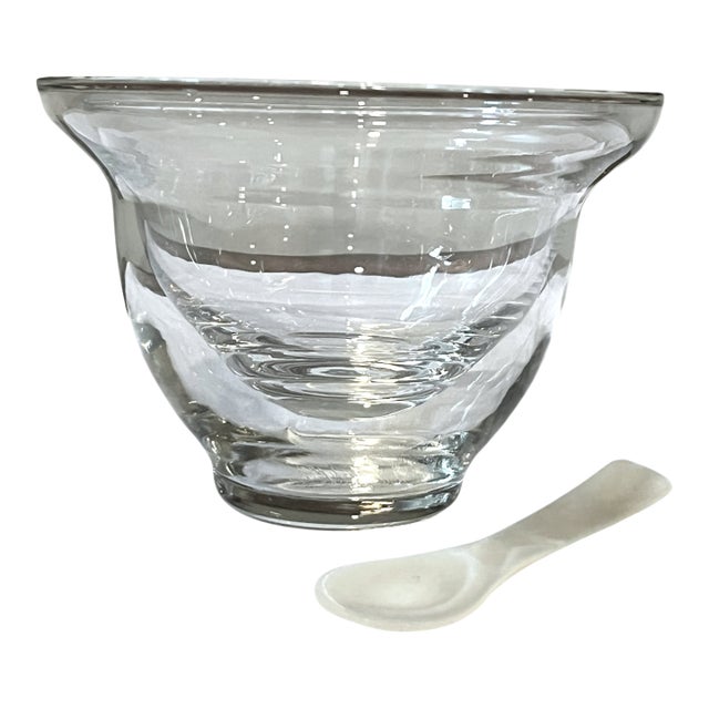 Vintage Delicate Blown Glass Caviar Chiller Bowl Server With Mother-of-Pearl Spoon For Sale