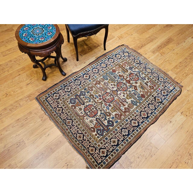 Textile Vintage Caucasian Kilim Rug, Handwoven Wool, Geometric Stripes, Blue & Ivory, 6' x 8' For Sale - Image 7 of 18