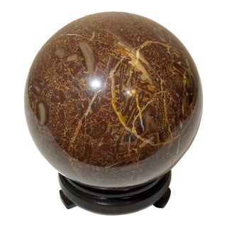 Vintage 6.5” Brown Amber Marble Ball Sphere Orb on Lacquered Wood Stand For Sale