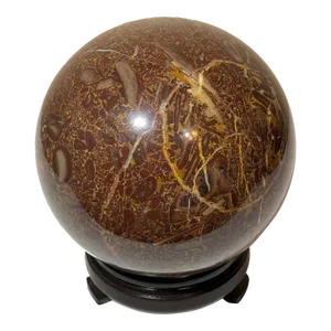 Vintage 6.5” Brown Amber Marble Ball Sphere Orb on Lacquered Wood Stand