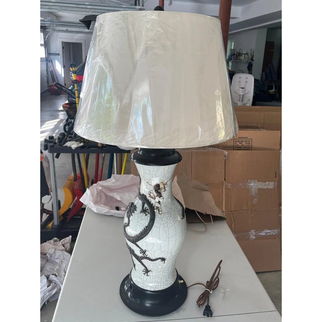Large Chinese Crackle Glaze Table Lamp With Dragon Motif For Sale In New York - Image 6 of 8