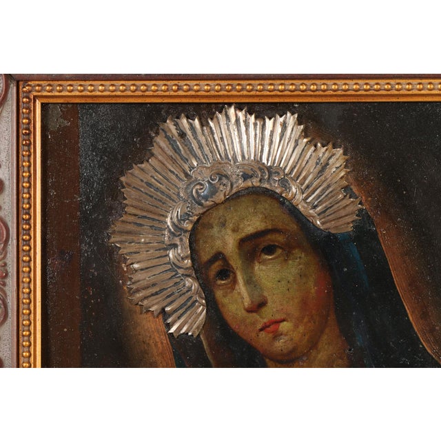 Mexican Mater Dolorosa, Oil on Metal With Silver Applique Resplendor and Dagger, 19th Century For Sale - Image 3 of 11