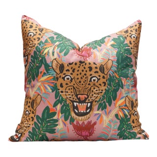 22" Fierce Leopard in Genuine Pink Pillow For Sale