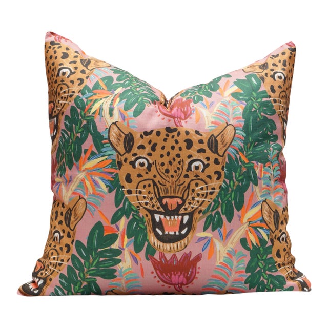 22" Fierce Leopard in Genuine Pink Pillow For Sale