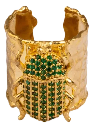 Egyptian Symbol Scarab Beetle Green Jade & Gold Chunky Ring, Size 4