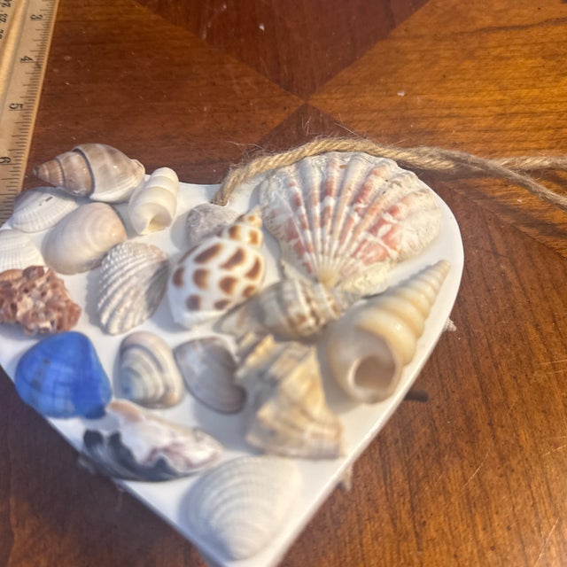 Seashell Encrusted White Heart Mosaic Heart Door Hanger Nautical Coastal Home Accent For Sale - Image 9 of 9
