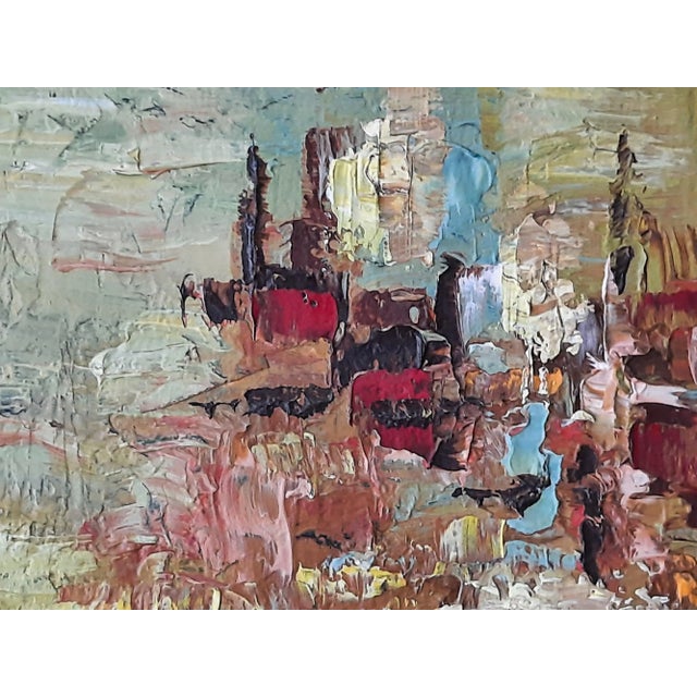 Mid Century Abstract Cityscape Signed Painting For Sale - Image 4 of 11