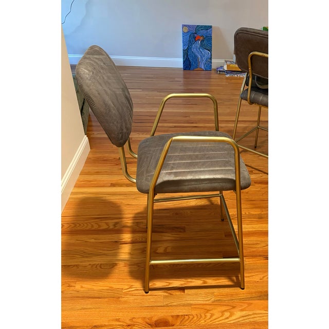 Metal Modern Glam Heavy-Duty Dark Gray Faux Suede & Brass Counter Stools (300lb Capacity) - Set of 3 For Sale - Image 7 of 11
