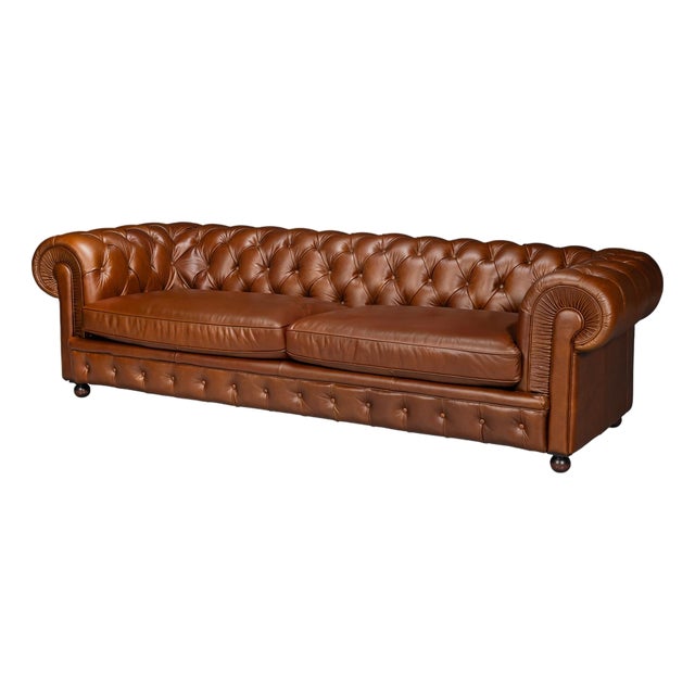 British Brown Leather Chesterfield Sofa For Sale