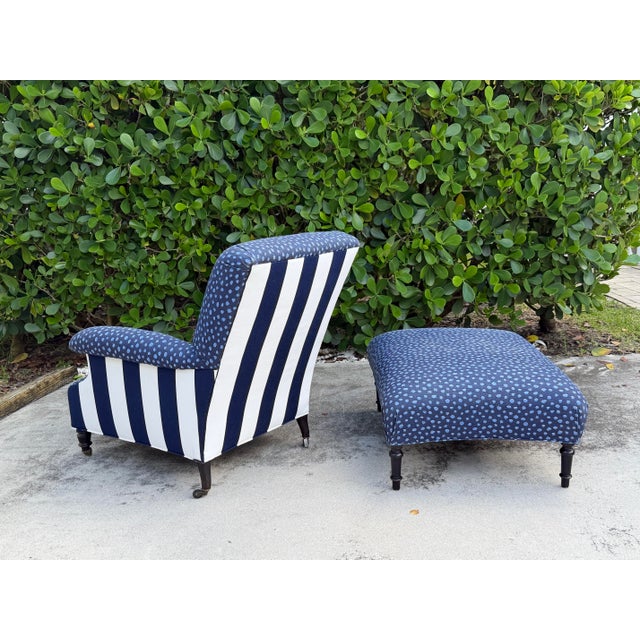 Antique English Upholstered Armchair and Oversized Ottoman For Sale - Image 4 of 12