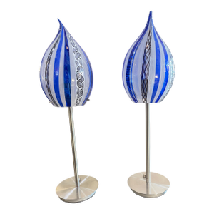 Pair Murano Glass Latticino Blue & White Lamps, Italy