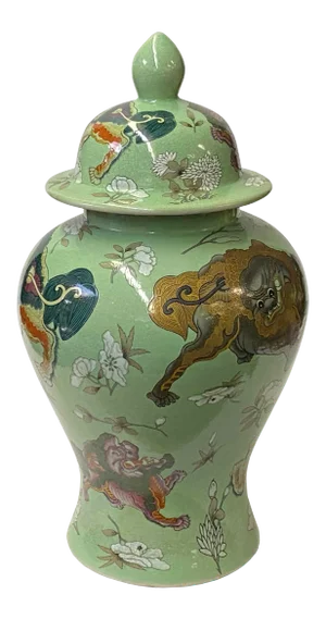 Chinese Crackle Avocado Green Color Foo Dogs Porcelain Temple Jar