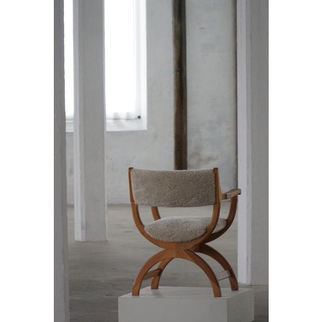 Mid-Century Kurul Armchair in Oak and Lambswool attributed to Henning Kjærnulf, 1960s For Sale - Image 14 of 18