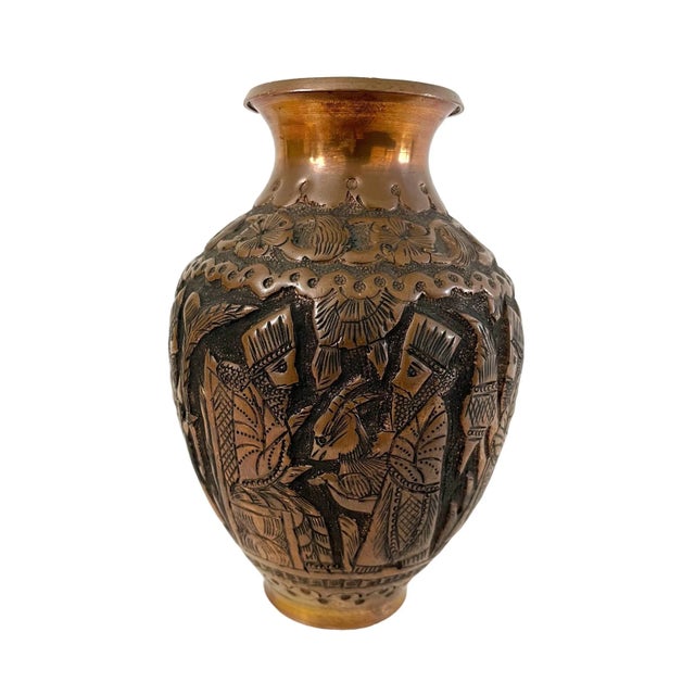 Persian Vintage Persian Middle East Embossed Copper Vase W/Ancient Kings Paying Tribute For Sale - Image 3 of 5