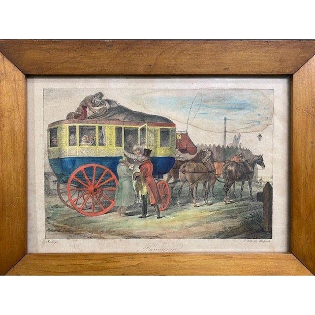 Set of four framed and ready to hand French Horse Carriage Lithographs. Aubrey 1823 Diligence, Aubrey Parisienne, Malle-...