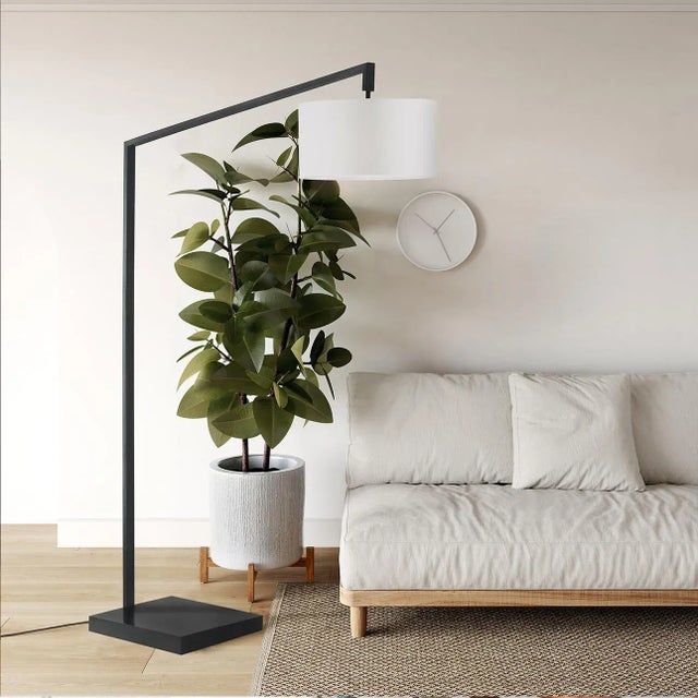 Black Stretch Chairside Arc Floor Lamp - 75", Matte Black, Step Switch, Rectangular Marble Base For Sale - Image 8 of 12