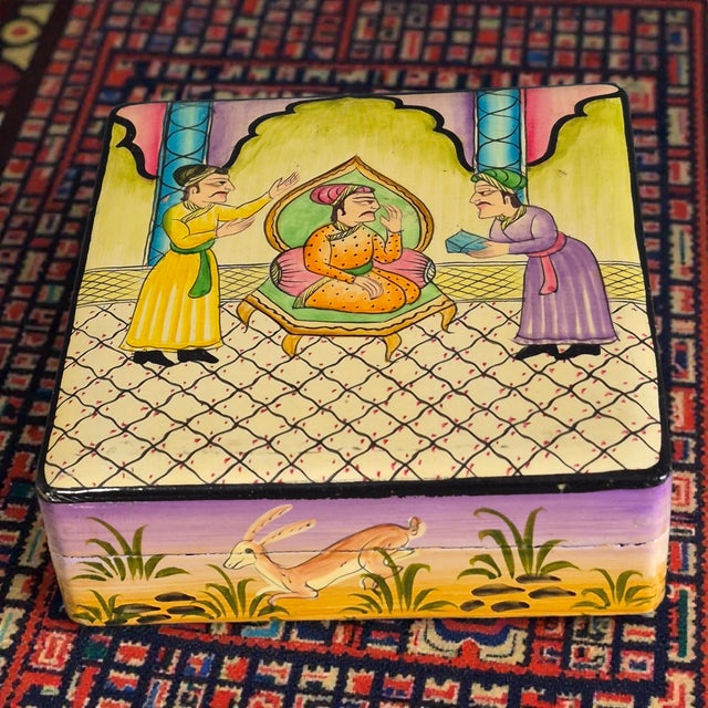 Figurative Vintage Bohemian Hand Painted Lacquer Mughal-Style Kashmiri Paper Mache Box W/6 Coasters For Sale - Image 3 of 11