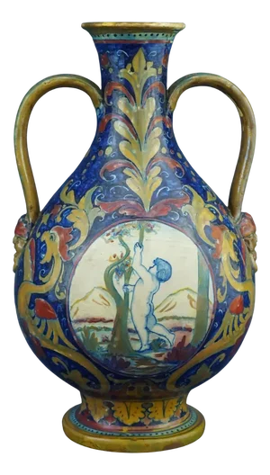 Neo-Renaissance Ceramic Vase with Cherubs and Harpies Decor by Alfredo Santarelli, Gualdo Tadino, Italy, Late 1800s