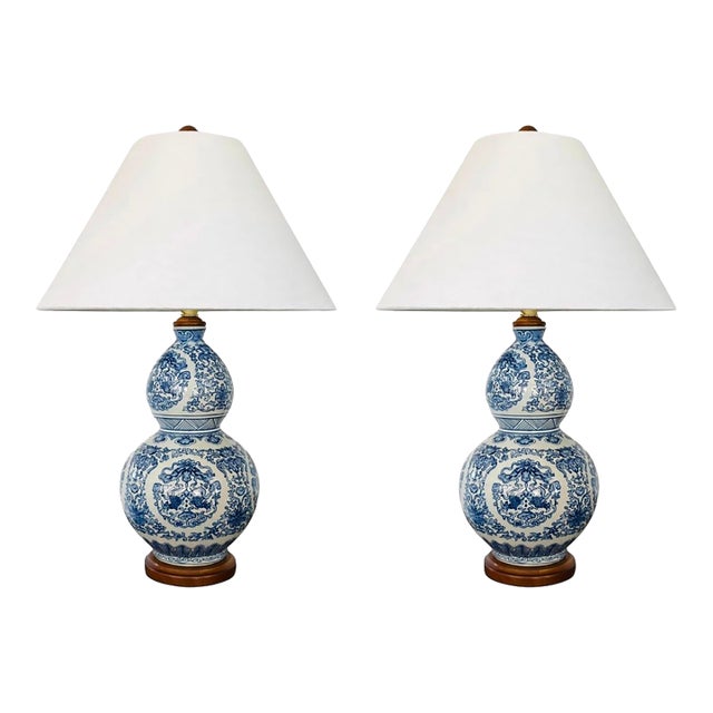 Lauren Ralph Lauren Blue & White Chinoiserie Double-Gourd Porcelain Table Lamps – Koi Fish Motif, Pair For Sale