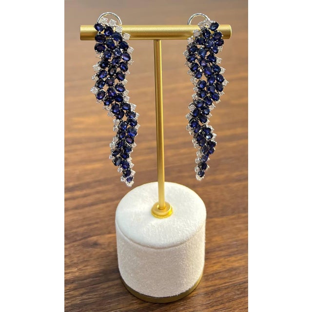 Metal Blue Sapphire Cascade Wave Diamonds 18k White Gold Statement Fancy Earrings, A Pair For Sale - Image 7 of 12