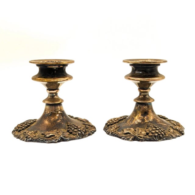 Metal Antique Benedict Proctor Electro Plated Silver Plated Lead Taper Candle Holders With Grapevines Pattern #2491 Circa 1900-1920 For Sale - Image 7 of 11