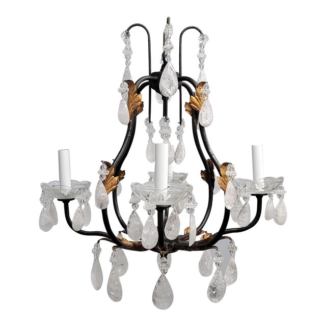 21st Century Iron Chandelier With Antique Gold Leaf Accents Adorned With Quartz Crystals by Mario Lighting Inc For Sale