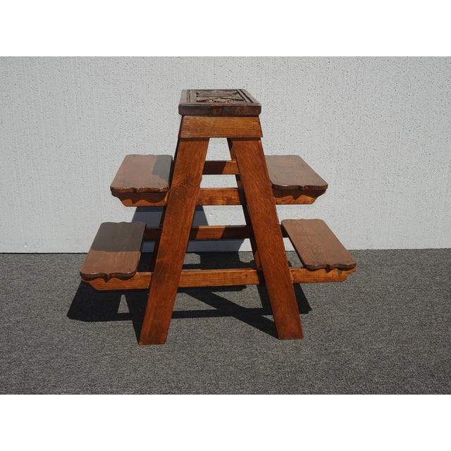 French Country Vintage French Country Oak Five Tier Carved Display Plant Stand For Sale - Image 3 of 12