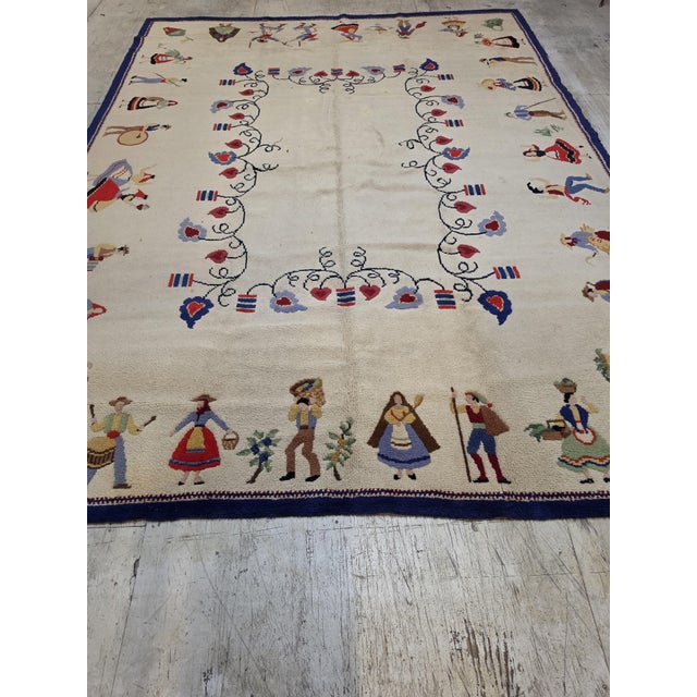 Folk Art Mid-20th Century Vintage Hand-Loomed Folk Art Wool Rug in Ivory & Navy Blue, 9' X 12' For Sale - Image 3 of 10