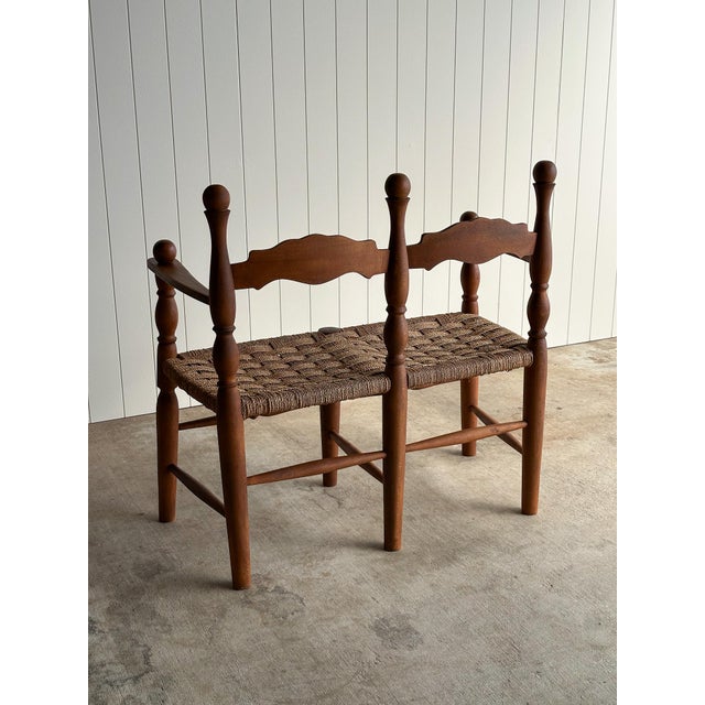 Charles Dudouyt Turned Wood Double Bench With Woven Cord Seat and Finials, C. 1950 For Sale - Image 4 of 18