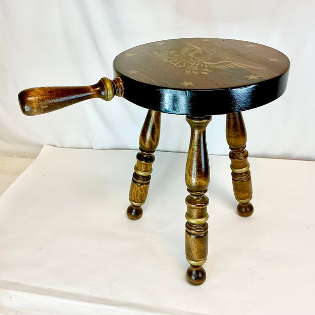1950s Vintage Americana Rustic Boho Chic 3-Leg Wooden Stool With Handle, Eagle & Stars For Sale - Image 6 of 9