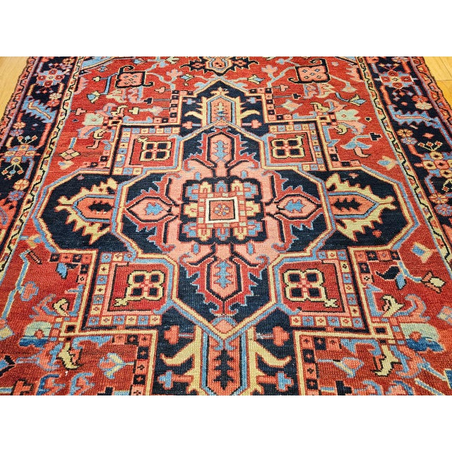 19th Century Antique Heriz Serapi Gallery Rug, Hand-Knotted Wool, Geometric Medallion Pattern, Red & Blue, 7x12 For Sale - Image 5 of 11